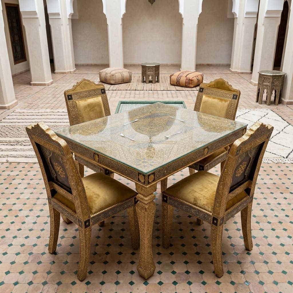 طاولة طعام مع 4 كراسي — نحاس منقوش
