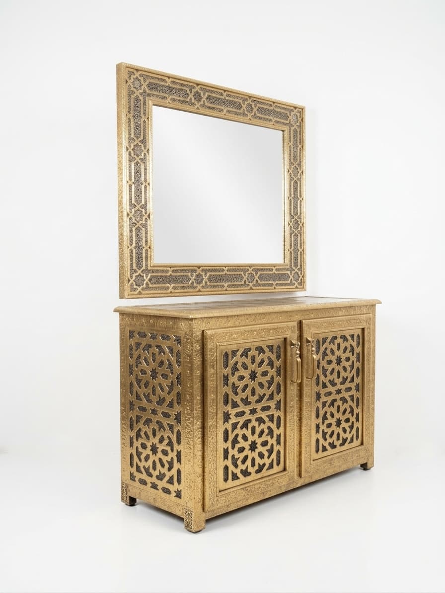 طقم خزانة ومرآة نحاسية ذهبية